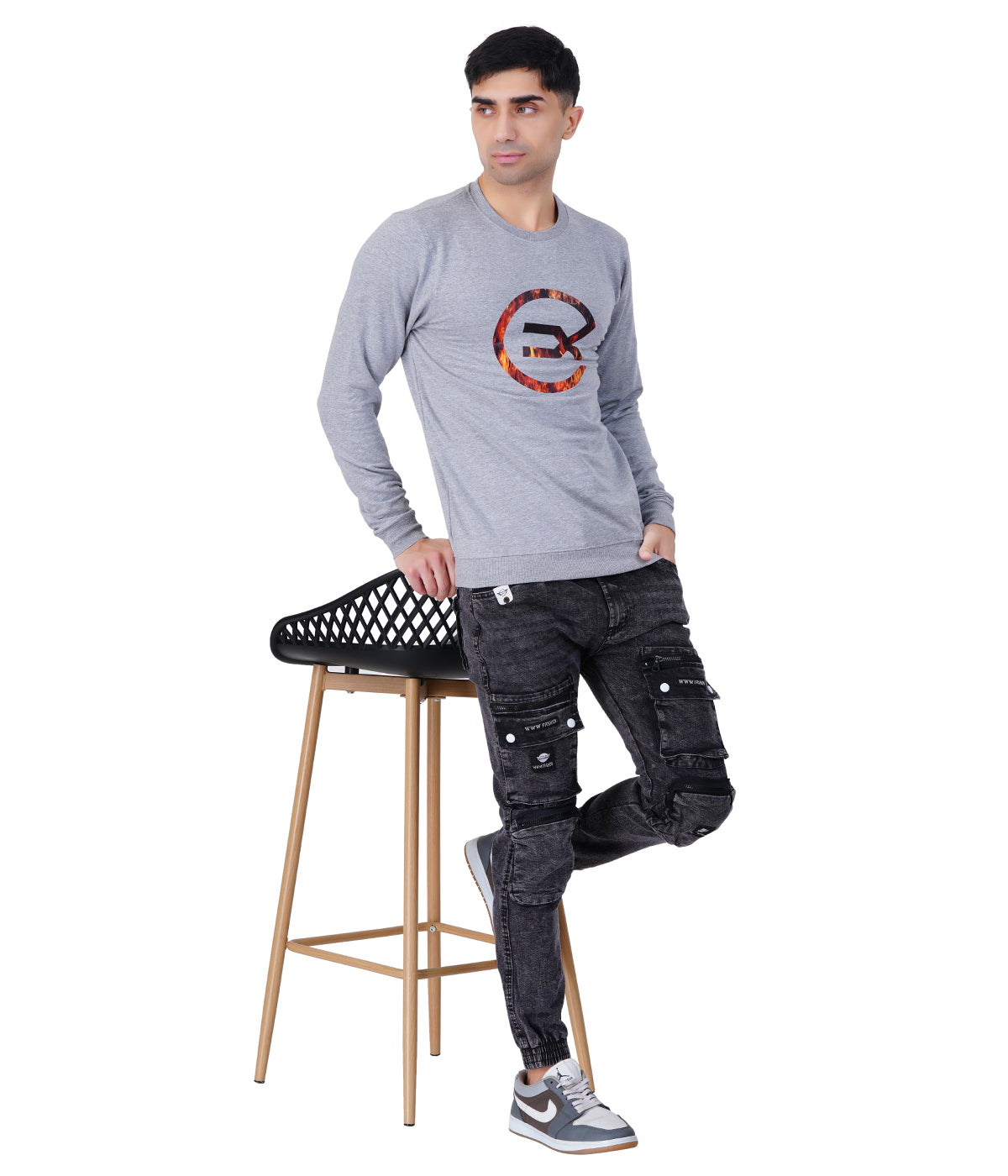 Grey Melange Printed Sweat Shirts