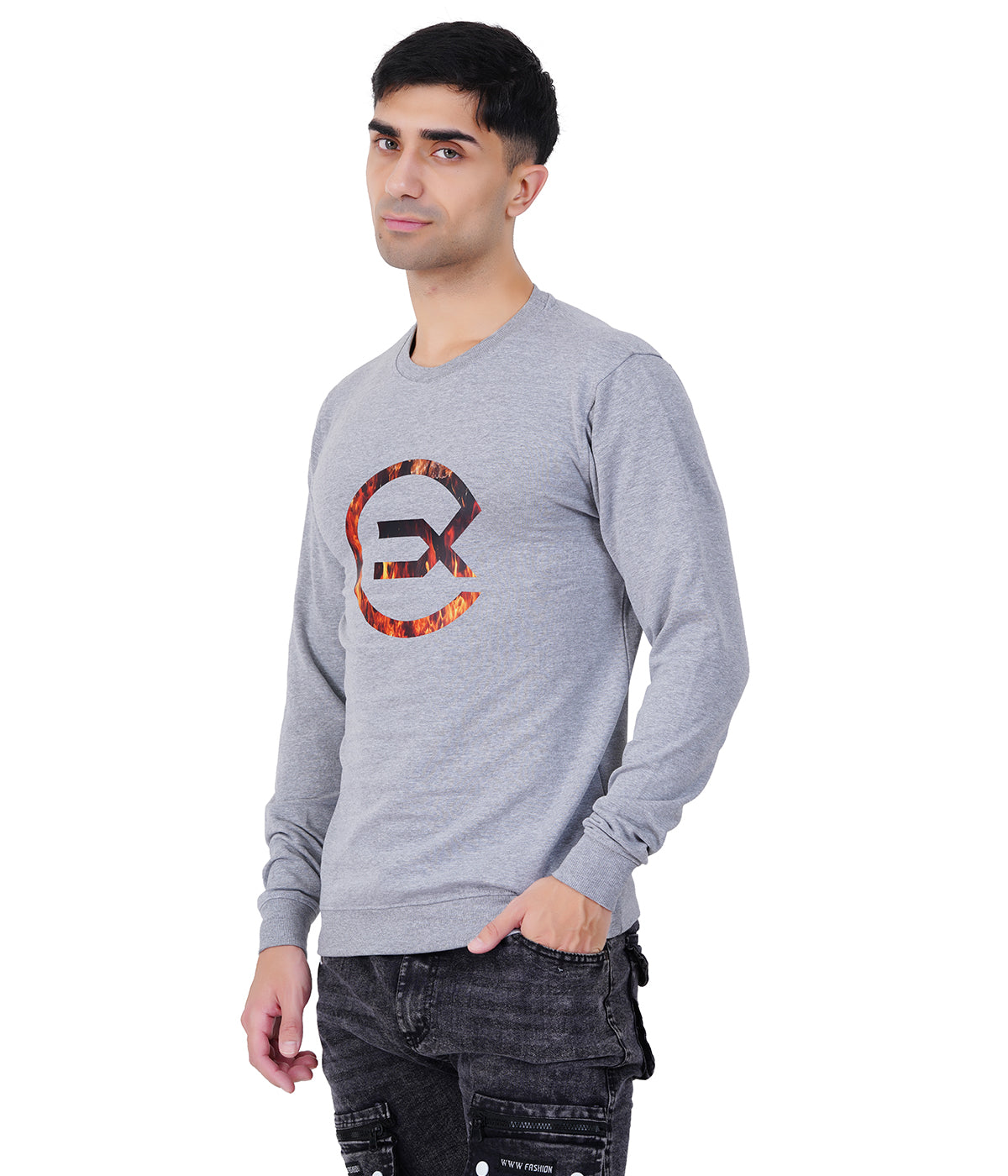 Grey Melange Printed Sweat Shirts